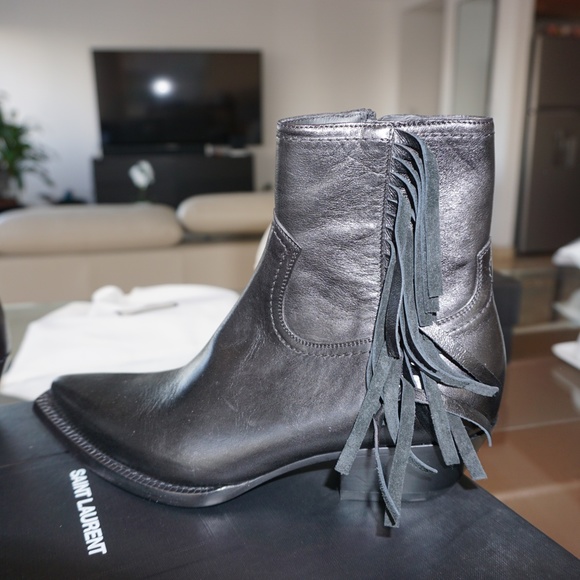 Saint Laurent Leather Fringed Ankle Boots Size 36.5 - Picture 5 of 12